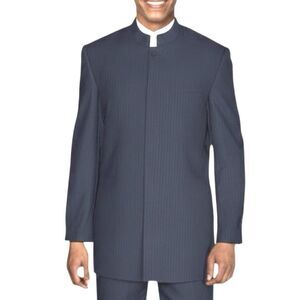 Mid Length Clergy Blazer Men’s 52R Blue Jacquard Striped Mandarin Collar